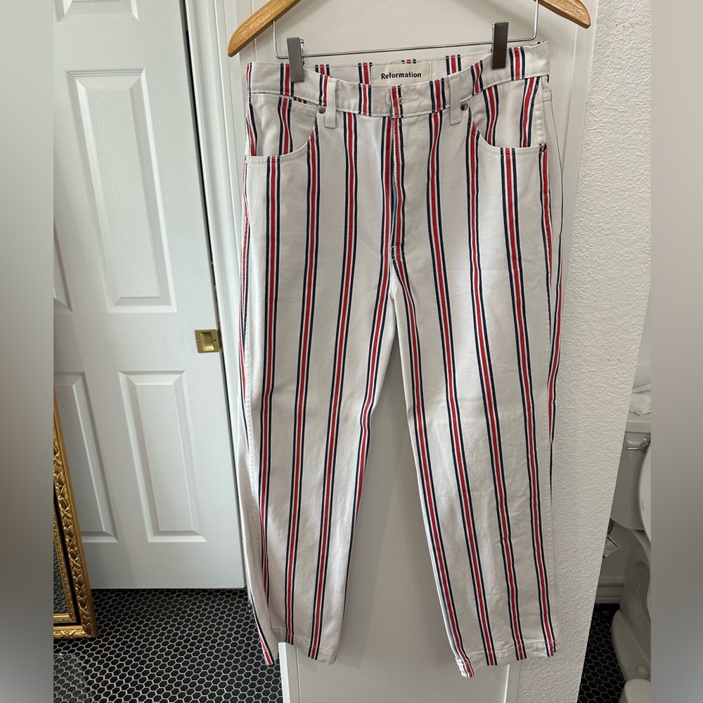 REFORMATION striped white, red and blue jeans.